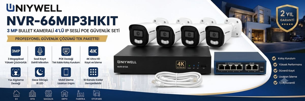 UNIYWELL NVR-66MIP3HKIT – 3 MP Bullet Kameralı 4’lü IP Sesli PoE Güven